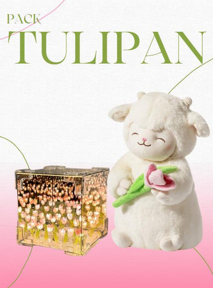 🎁💖 Regalo Especial de San Valentín: Peluche Corderito 🐑 y Tulipán Infinito 🌷 en Caja Premium 🎀